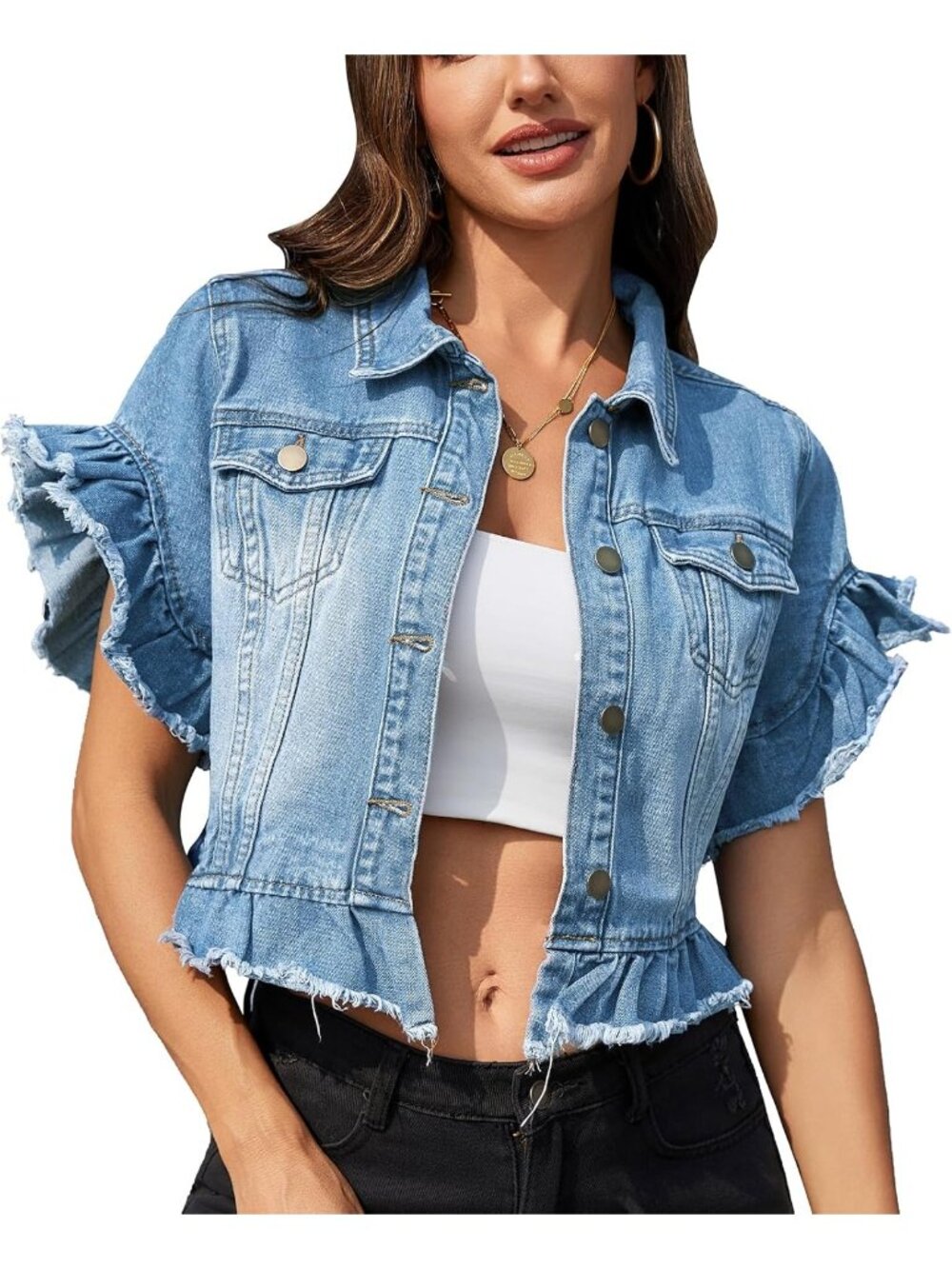 Women's Light Blue Ruffle Sleeve Button Down Distressed Summer Denim Jean Jacket